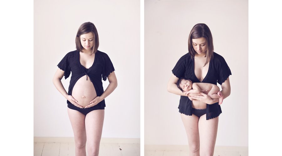 gravid og nyfødtfotografering med før-etter bilde